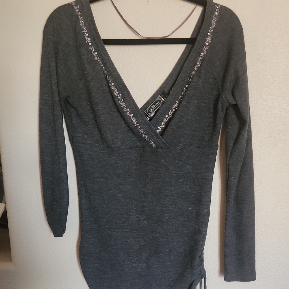 Guess Gray Long Sleeve Top with Sequin Detail